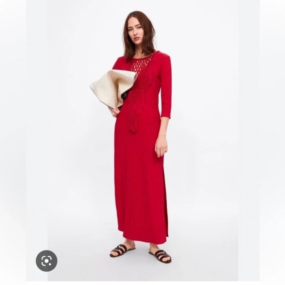 Zara Bright Red Fringe Knit Maxi Dress